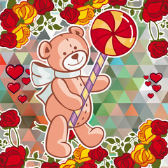 Cute teddy bear on a mosaic background with roses.