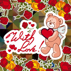 Cute teddy bear on a mosaic background with roses.
