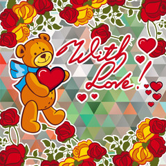 Cute teddy bear on a mosaic background with roses.