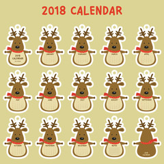 cute reindeer 2018 mini calendar. printable 2018 calendar, cartoon vector. 2018 calendar template
