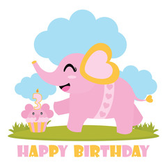 Cute baby elephant with her birthday cake vector cartoon illustration for Happy Birthday card design, postcard, and wallpaper
