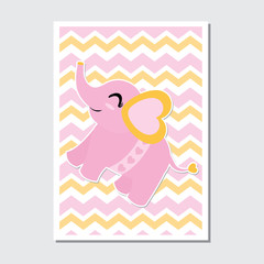 Cute baby elephant on chevron background vector cartoon illustration for Baby shower card design, nursery wall, and postcard