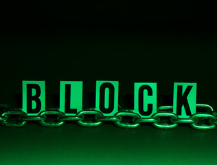 Block chain cryptocurrency graphic on black background with green highlighting