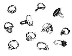 Black and white hand drawn ink set of rings