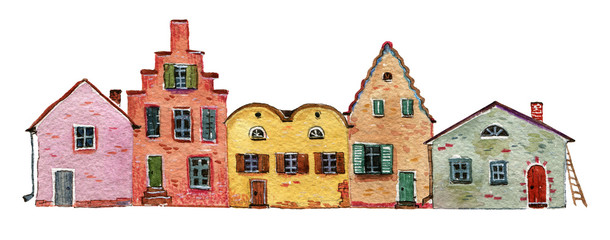 Fototapeta premium Vintage stone houses pressed against each other - hand drawn watercolor illustration