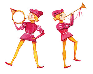 Hand drawn cartoon watercolor illustration of two trumpeters with horns in vintage purple costumes