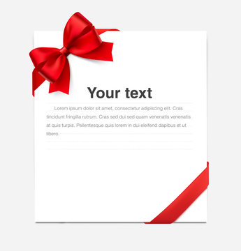 Paper sheet with a red ribbon and bow. Vector illustration, ready and simple to use for your design. It can be used for greeting cards, congratulations and etc.