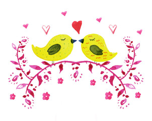 Hand drawn watercolor illustration for St Valentine's day with hearts, pink flowers and two yellow birds