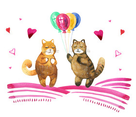 Hand drawn watercolor illustration for St Valentine's day with pair of cats with hearts and colorful balloons