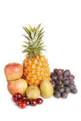 Many of the  fruits on white background(pineapple.grape.kiwi.apple.cherry)