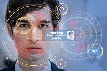 Biometrics concept. Facial Recognition System. Iris recognition.