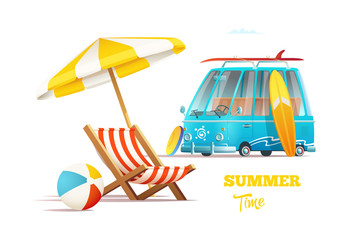 Summer time concept. Surfers van and lounger with umbrella