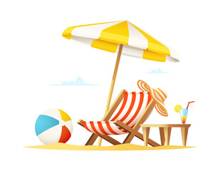 Lounger and umbrella on the beach. Concept Vector illustration