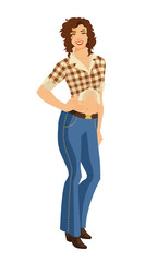 Vector illustration of young woman with curly hair isolated on white background. Woman in blue jeans and shirt with tartan pattern.