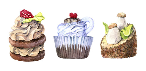 set of hand drawn watercolor cake