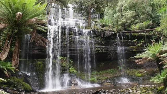 low angle front view of russell falls at mt field national park, tasmania