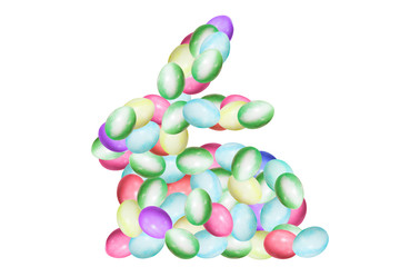 Bunter Osterhase aus vielen gefärbten Ostereiern, freigestellt, Konzept Ostern