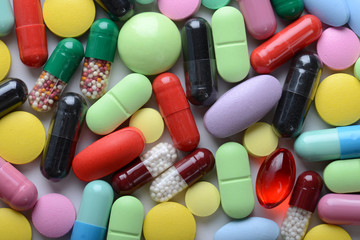 Pharmacy theme. Multicolored Isolated Pills and Capsules