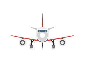 Front view jet airplane isolated vector icon. Passenger aircraft, aviation terminal logistics, commercial airline vector illustration.