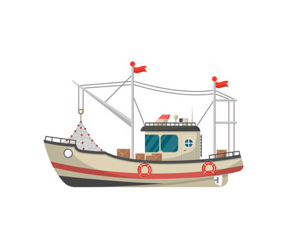 Small fishing trawler side view isolated icon. Sea or ocean transportation, marine ship for industrial seafood production vector illustration in flat style.