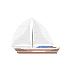 Travel sailboat side view isolated icon. Marine passenger cruise ship, worldwide yachting, nautical sport competition, sea or ocean vessel vector illustration.