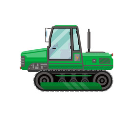 Obraz na płótnie Canvas Green caterpillar tractor isolated icon. Agricultural machinery for field work vector illustration. Rural industrial farm technics, comercial transport.