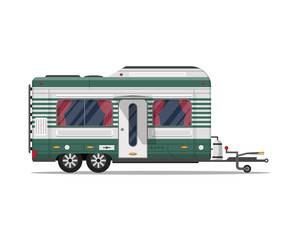 Camping trailer caravan isolated icon. Mobile home for country and nature vacation. Side view recreational vehicle van vector illustration in flat syle.