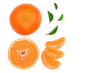 orange or tangerine with leaves isolated on white background with copy space for your text. Flat lay, top view