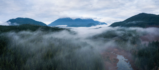 Aerial Panorama of a beautiful Canadian Landscape near a swampy lake. Taken in Vancouver Island, British Columbia, Canada.