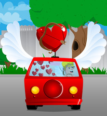 Cupid driving his car. Vector cartoon character illustration.