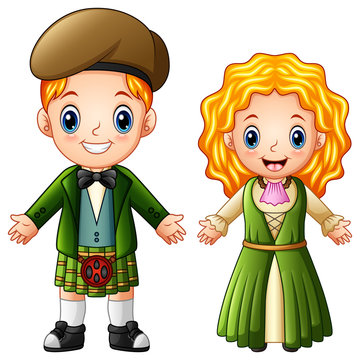 Cartoon Ireland couple wearing traditional costumes