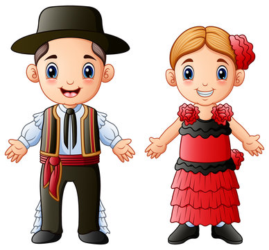 Cartoon Spanish couple wearing traditional costumes