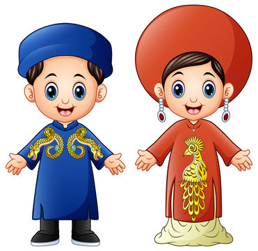 Cartoon Vietnam couple wearing traditional costumes