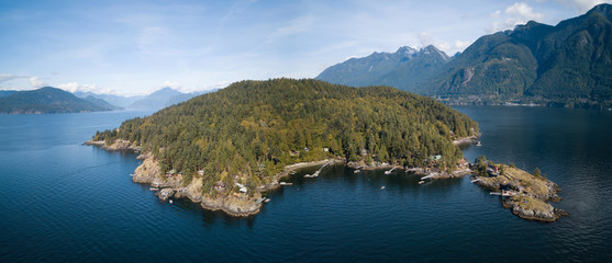 Fototapeta na wymiar Aerial view of Bowyer Island during a sunny summer day. Taken in Howe Sound, North of Vancouver, British Columbia, Canada. 