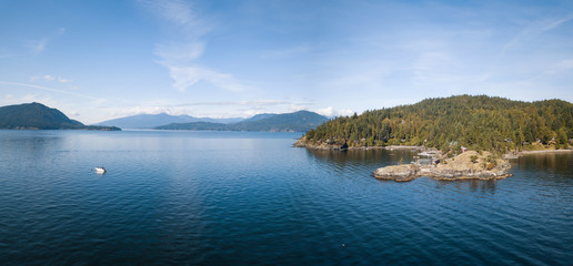 Fototapeta na wymiar Aerial view of Bowyer Island during a sunny summer day. Taken in Howe Sound, North of Vancouver, British Columbia, Canada. 