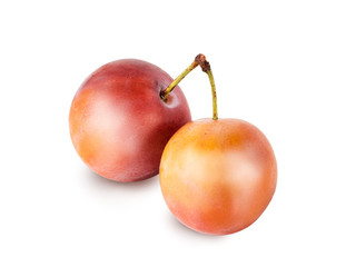 Pair of cherry plums with tail, closeup, isolated on white background. Retouched freshly ripe berries of plums