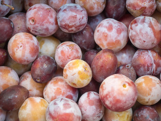 Group of plums closeup. Background with freshly ripe berries. Tasty plums at local market or on the...