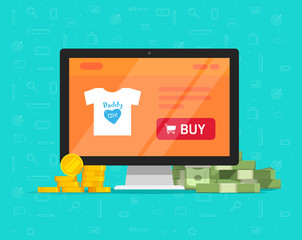 Internet on-line shop website on computer with lots of money vector illustration, flat cartoon ecommerce online store on pc and earned or spend cash, idea of digital profit revenue or expenses