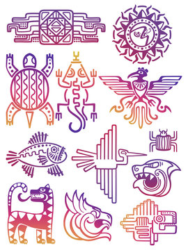 Colorful american aztec, mayan symbols