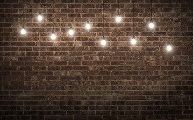 Panele Szklane  Shining light bulbs on dark brick wall. 3d rendering