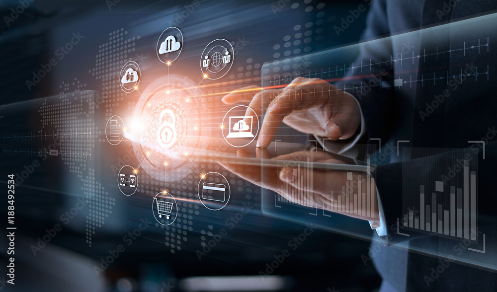 Aufkleber Businessman touching technology global networking security information safety and encryption with icons on virtual screen , Data protection and Cyber security concept