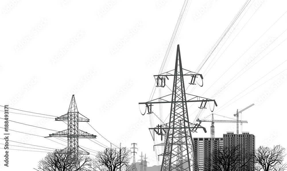 Wall mural electric towers in front of grey buildings on white