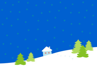 Obraz na płótnie Canvas Winter background with a house, trees and snowflakes. Horizontal. Simple vector. Christmas and New year theme. Cover mock-up. Holiday card.