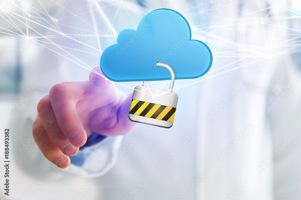 Poster padlock security connected to a cloud displayed on a futuristic interface - connection concept
