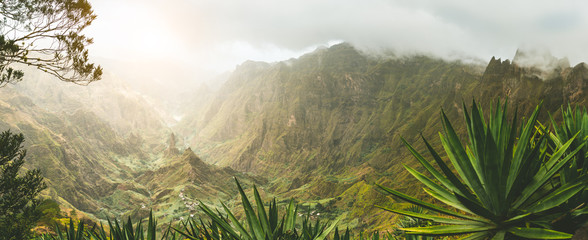 Agava plants and rocky mountains in Xoxo valley in Santo Antao island, Cape Verde. Panoramic shot