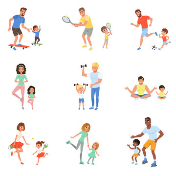 Kids with parents playing football, tennis, ping pong, riding on skateboards and rollers, working out with dumbbells and meditating. Family time. Flat vector design