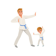 Smiling father and son training karate blows. Dad and child wearing kimonos and blue belts. Martial art. Fatherhood concept. Cartoon flat vector design