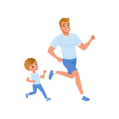 Cartoon father and son running together. Morning jogging. Sporty family. Fatherhood concept. Physical activity and healthy lifestyle. Flat vector design