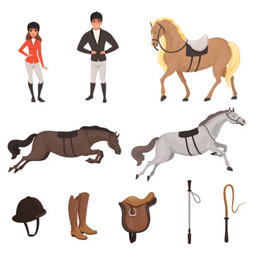 Cartoon jockey icons set with professional equipment for horse riding. Woman and man in special uniform with helmet. Equestrian sport concept. Flat vector design