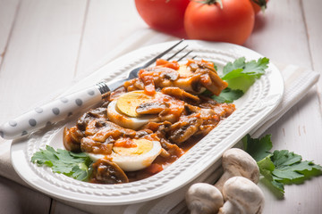 boiled eggs with mushroom, selective focus
